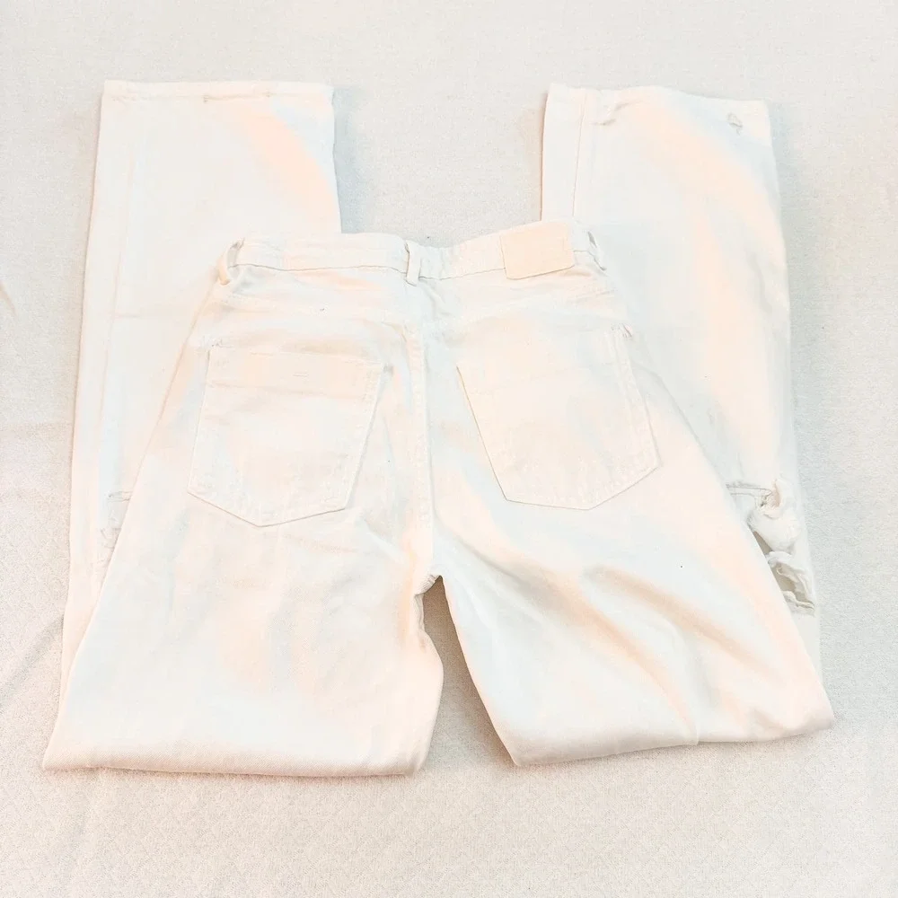 Zara Flare White Denim Jeans Button Fly Ripped Throuhout Size 06